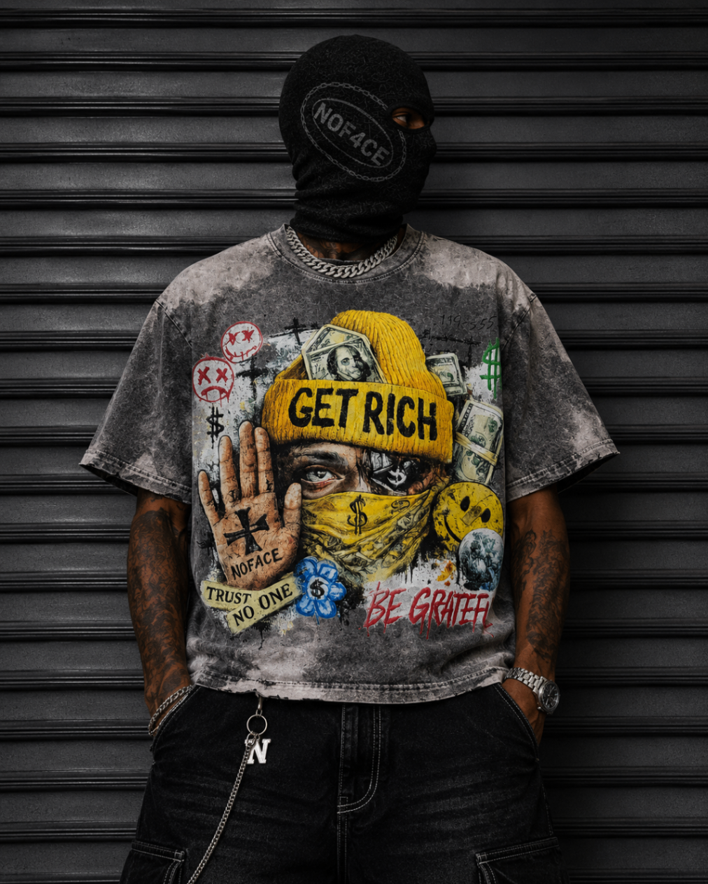 BE GRATEFUL — Get Rich · Trust No One · Vintage Wash
